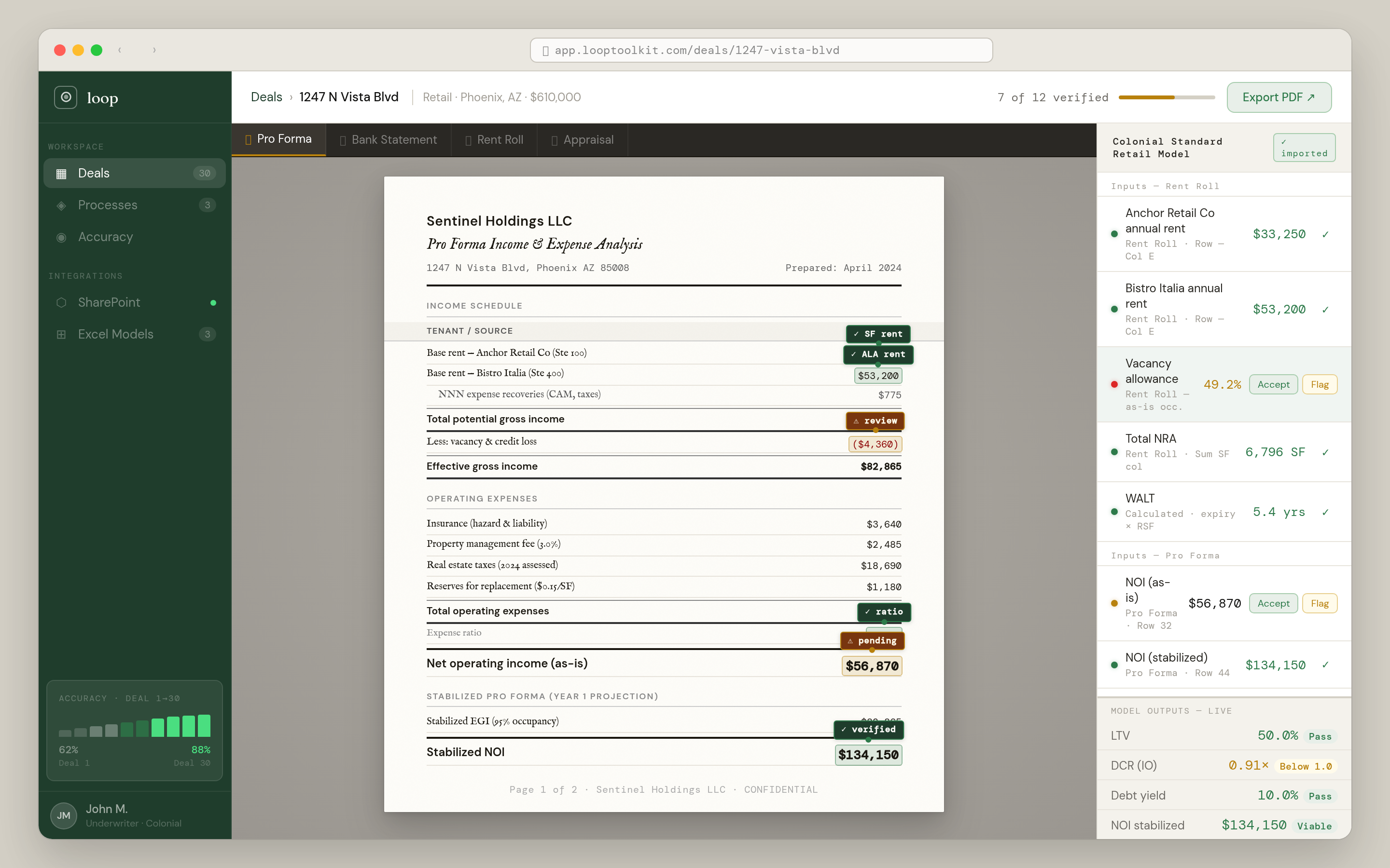 LOOP document viewer: Pro Forma source document opened in the workspace — every relevant value badged with a source-page citation