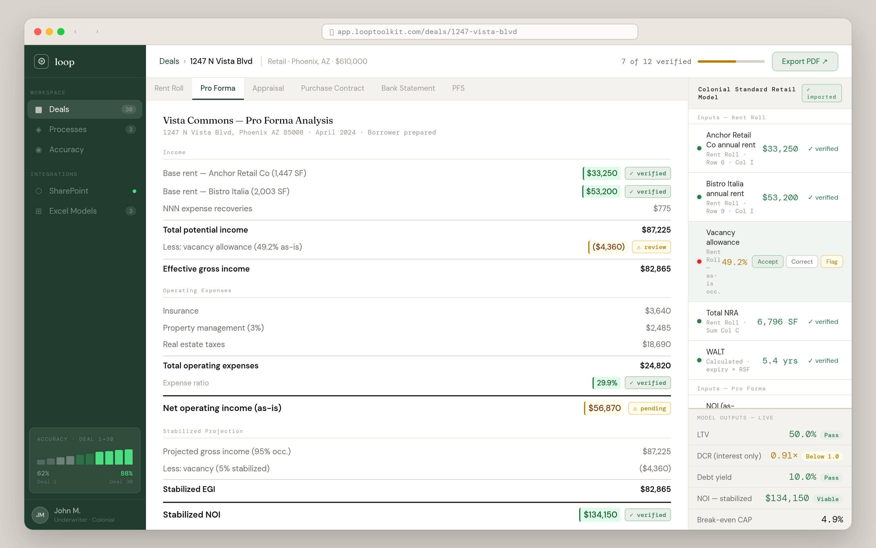 LOOP workspace: extracted values flowing into the model — each value verified, flagged, or accepted with one click, with citations back to its source page