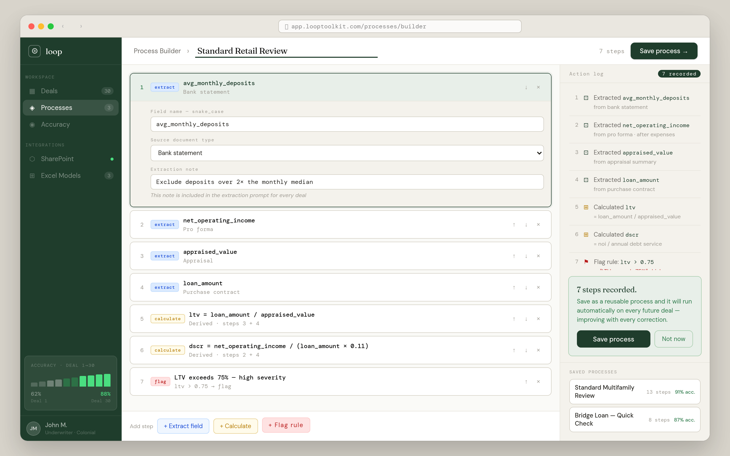 LOOP Process Builder: extraction definitions, calculations like ltv = loan_amount / appraised_value, flag thresholds, and the action log recording every step